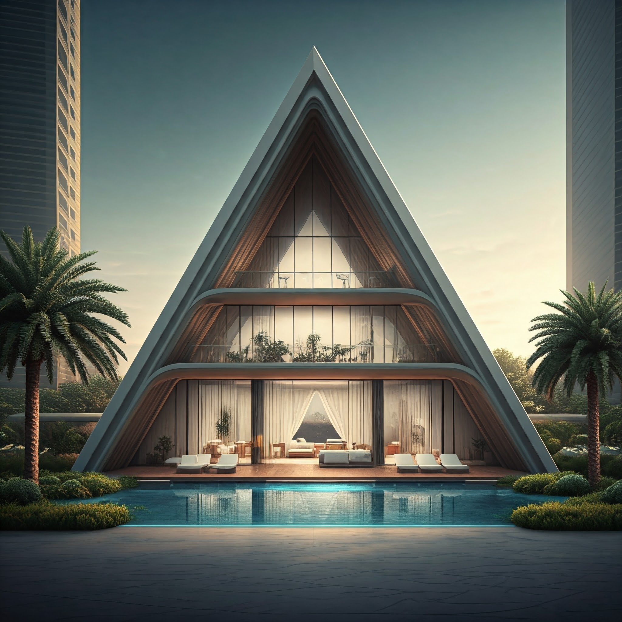 Pyramid villa — Bytyk configuration BYT-07, architectural render.